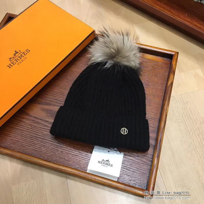 愛馬仕HERMES 秋冬新款 時尚爆款狐狸毛球羊絨帽 LLWJ8715